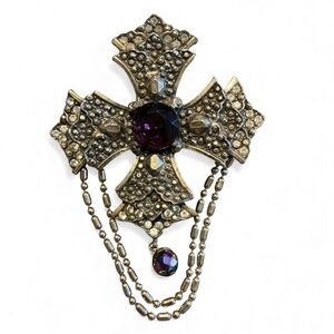 Victorian Style Maltese Cross Brooch 2 1/2” Antique Brass Finish with Chain